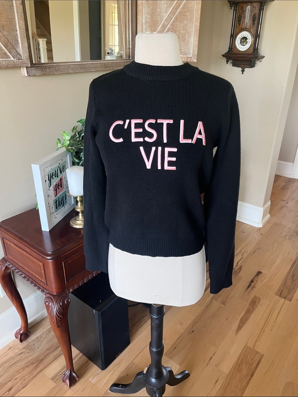 Avara Black Women's Sweater with Pink "C'EST LA VIE" Embroidery New